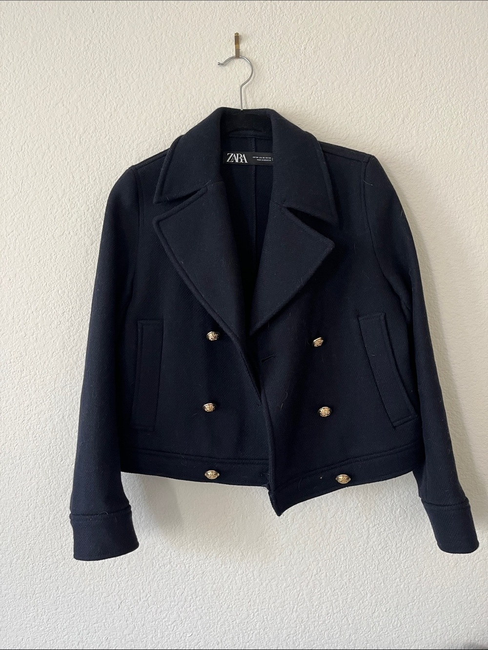 ZARA Navy Blue Double-Breasted Peacoat with Gold Buttons